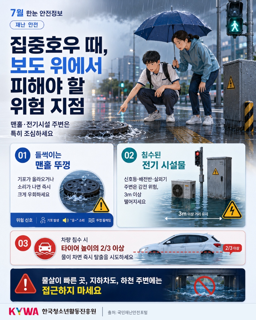 집중호우 때, 보도 위 피해야 할 위험 지점